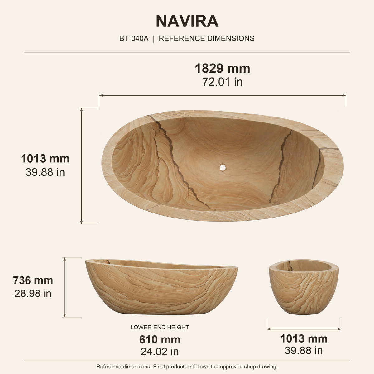 Navira Raised-End Oval Freestanding Soaking Bathtub – Natural Sandstone reference dimension drawing with top, long-side and short-end views, measurements in millimetres and inches.