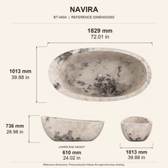 Navira Raised-End Oval Freestanding Soaking Bathtub – Pandora Blanc Quartzite reference dimension drawing with top, long-side and short-end views, measurements in millimetres and inches.