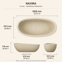 Navira Raised-End Oval Freestanding Soaking Bathtub – White Sand Beige Limestone reference dimension drawing with top, long-side and short-end views, measurements in millimetres and inches.