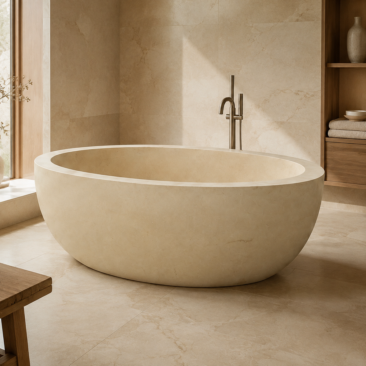 Navira Raised-End Oval Freestanding Soaking Bathtub – White Sand Beige Limestone in a warm ivory-limestone luxury bathroom; exact product geometry and material preserved