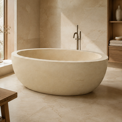 Navira Raised-End Oval Freestanding Soaking Bathtub – White Sand Beige Limestone in a warm ivory-limestone luxury bathroom; exact product geometry and material preserved