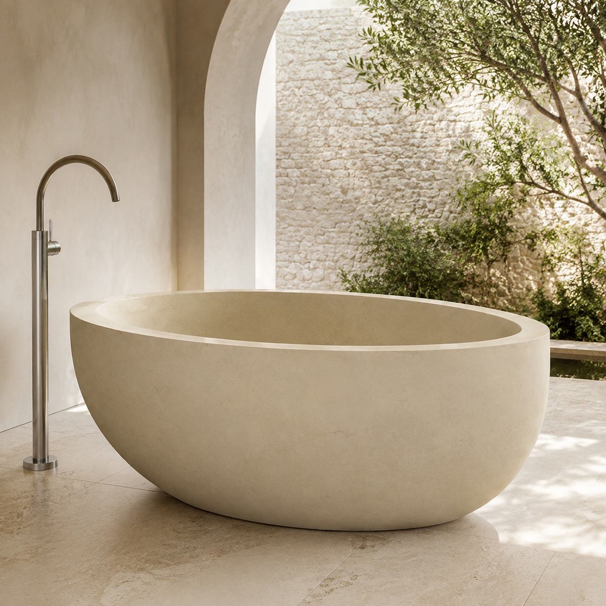 Navira Raised-End Oval Freestanding Soaking Bathtub – White Sand Beige Limestone in a bright serene courtyard spa bathroom; exact product geometry and material preserved