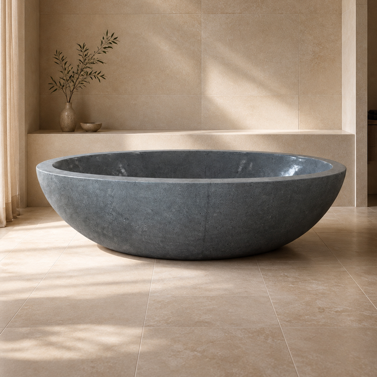 Nerida Blue-Gray Granite bathtub in a sunlit warm stone bathroom; complete tub centered in a square lifestyle composition.