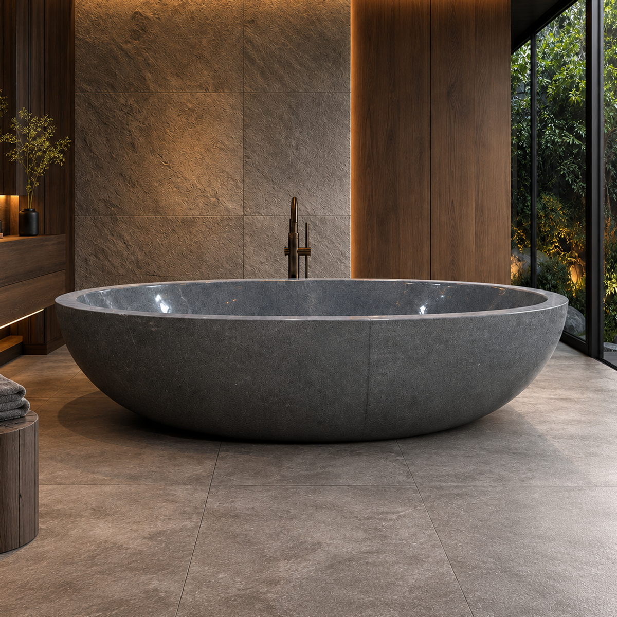 Nerida Blue-Gray Granite bathtub in a wood and garden bathroom; complete tub centered in a square lifestyle composition.