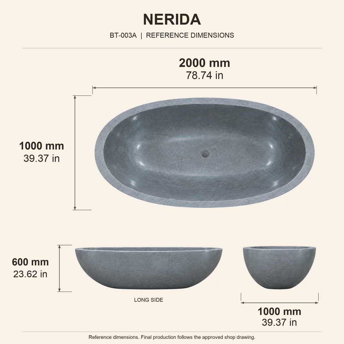 Nerida Freestanding Blue-Gray Granite Soaking Bathtub reference dimension drawing with top, long-side and short-end views, measurements in millimetres and inches.