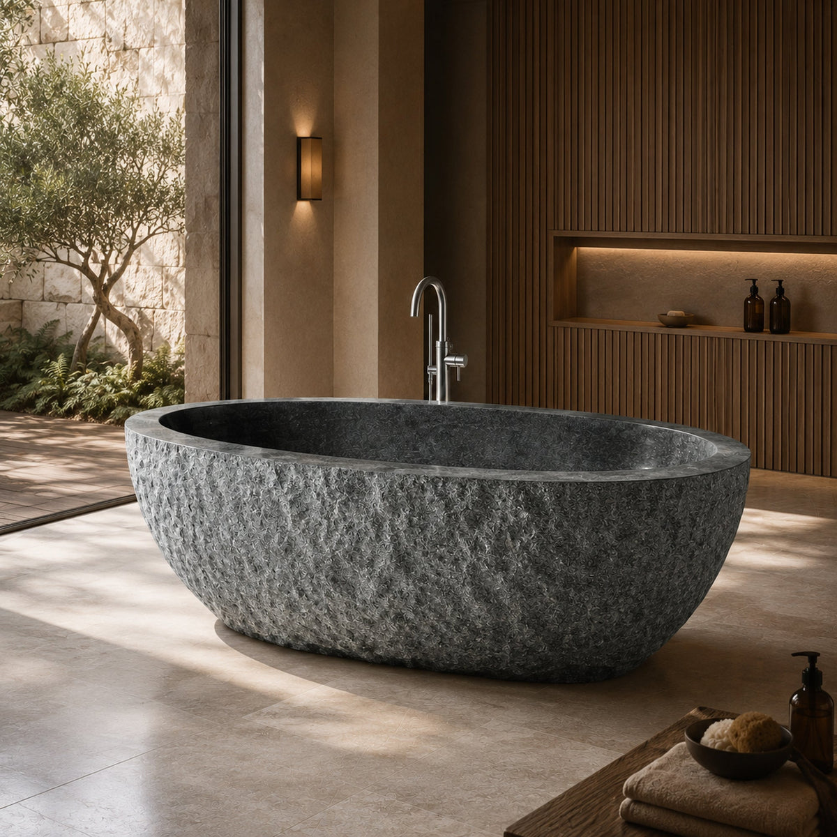 Noctelle Absolute Black Granite bush-hammer freestanding soaking bathtub in a refined architectural spa bathroom, second styled visualization