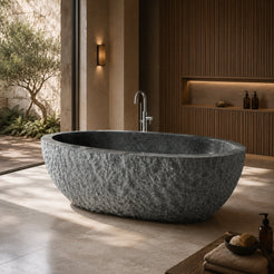 Noctelle Absolute Black Granite bush-hammer freestanding soaking bathtub in a refined architectural spa bathroom, second styled visualization