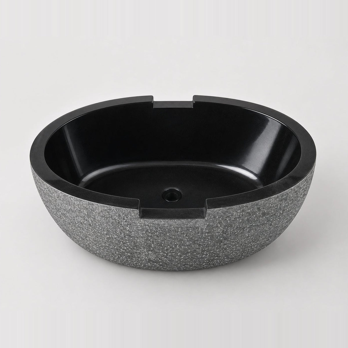 Noctira BT-061A Absolute Black Granite complete elevated interior studio visualization with centered drain and opposing rim notches