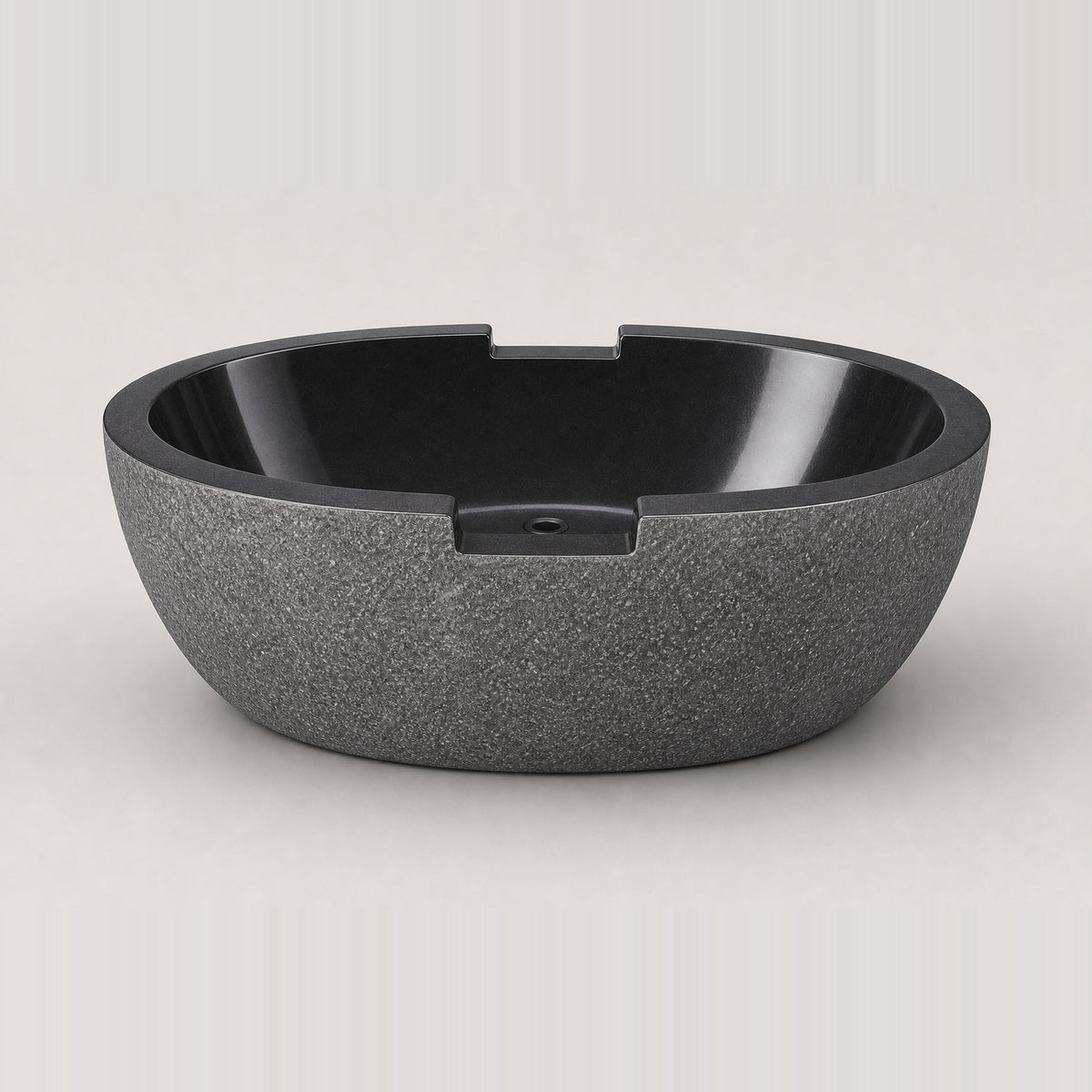 Noctira BT-061A Absolute Black Granite complete front studio visualization with opposing rim notches; reframed from the original source