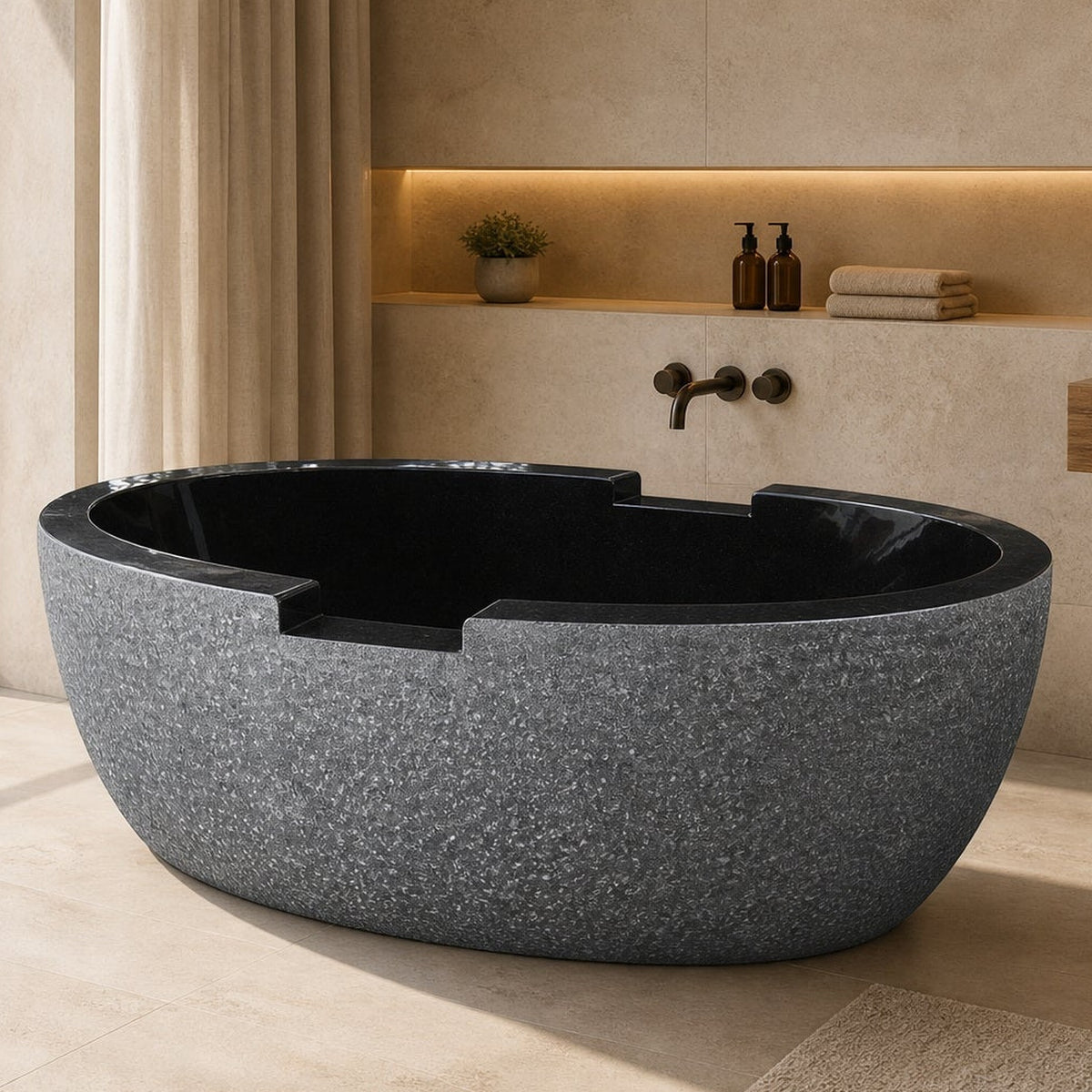 Noctira BT-061A Absolute Black Granite soaking bathtub in a warm architectural bathroom, tightly reframed styled visualization