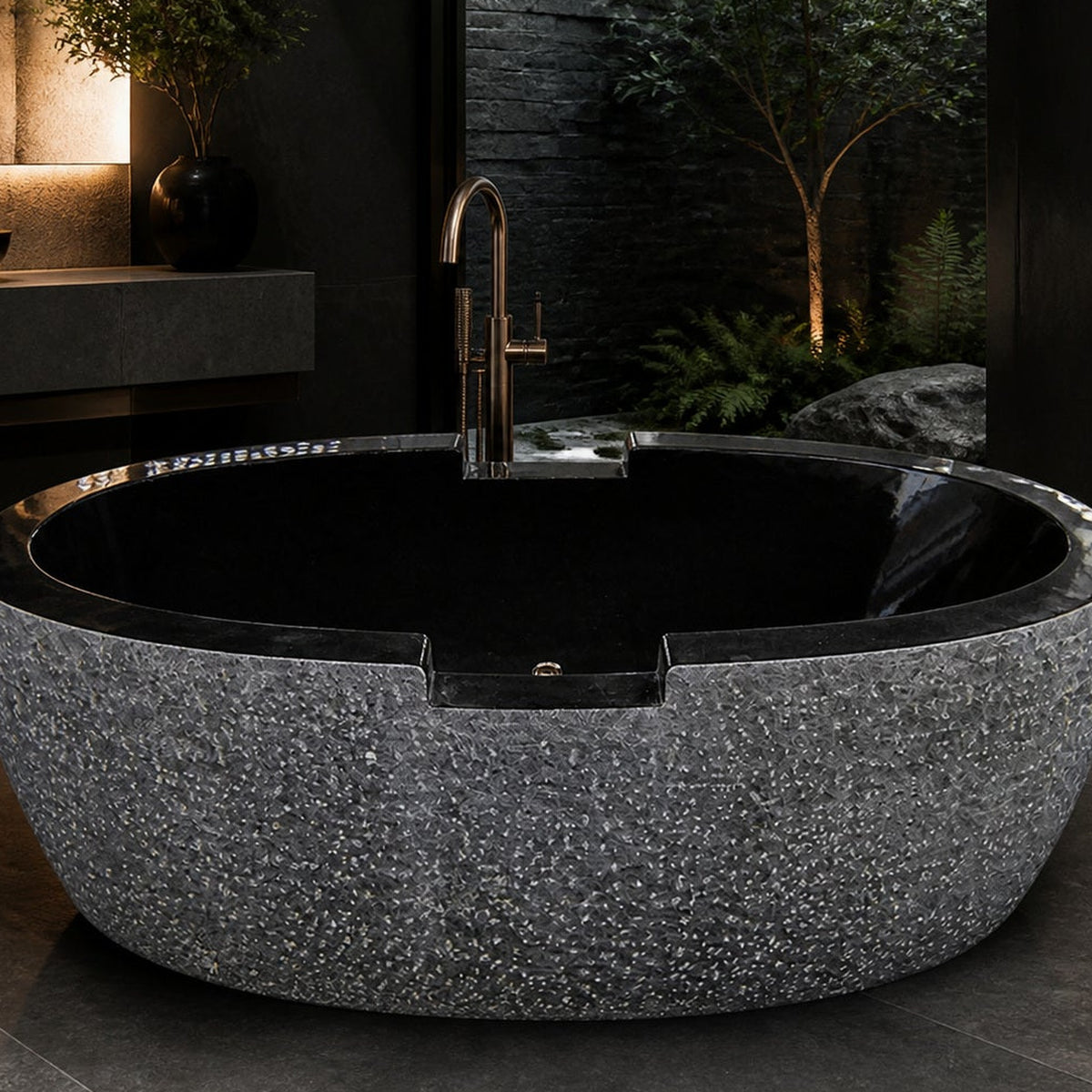 Noctira BT-061A Absolute Black Granite soaking bathtub in a dark luxury spa setting, tightly reframed styled visualization