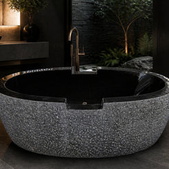 Noctira BT-061A Absolute Black Granite soaking bathtub in a dark luxury spa setting, tightly reframed styled visualization