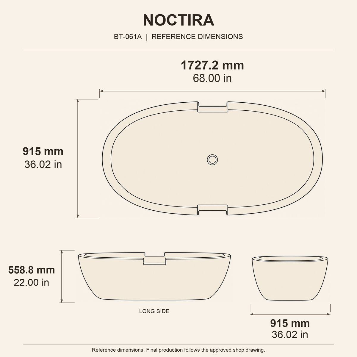 Noctira Freestanding Absolute Black Granite Soaking Bathtub reference dimension drawing with top, long-side and short-end views, measurements in millimetres and inches.