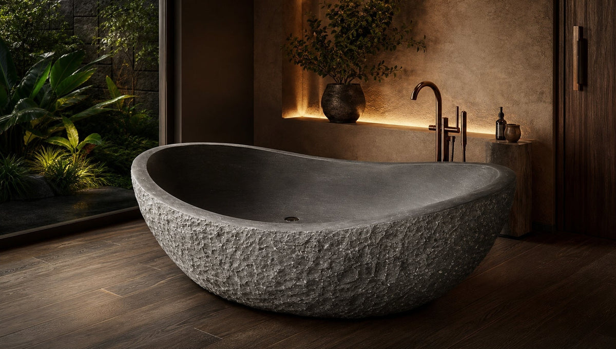 Noira BT-070A Absolute Black Granite bathtub, complete styled bathroom view 2; original silhouette and finish preserved