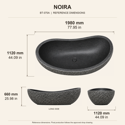 Noira Freestanding Raised-End Black Granite Soaking Bathtub reference dimension drawing with top, long-side and short-end views, measurements in millimetres and inches.