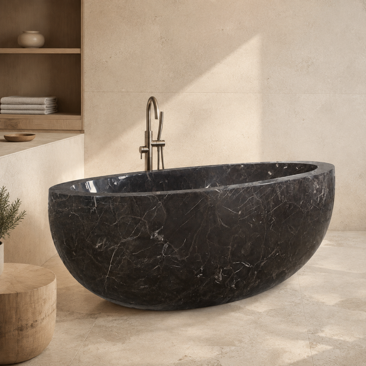 Norelle Oval Freestanding Soaking Bathtub – Dark Emperador Marble in a warm ivory-limestone luxury bathroom; exact product geometry and material preserved