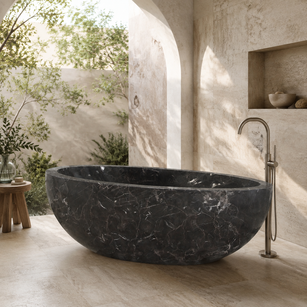 Norelle Oval Freestanding Soaking Bathtub – Dark Emperador Marble in a bright serene courtyard spa bathroom; exact product geometry and material preserved