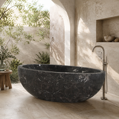 Norelle Oval Freestanding Soaking Bathtub – Dark Emperador Marble in a bright serene courtyard spa bathroom; exact product geometry and material preserved