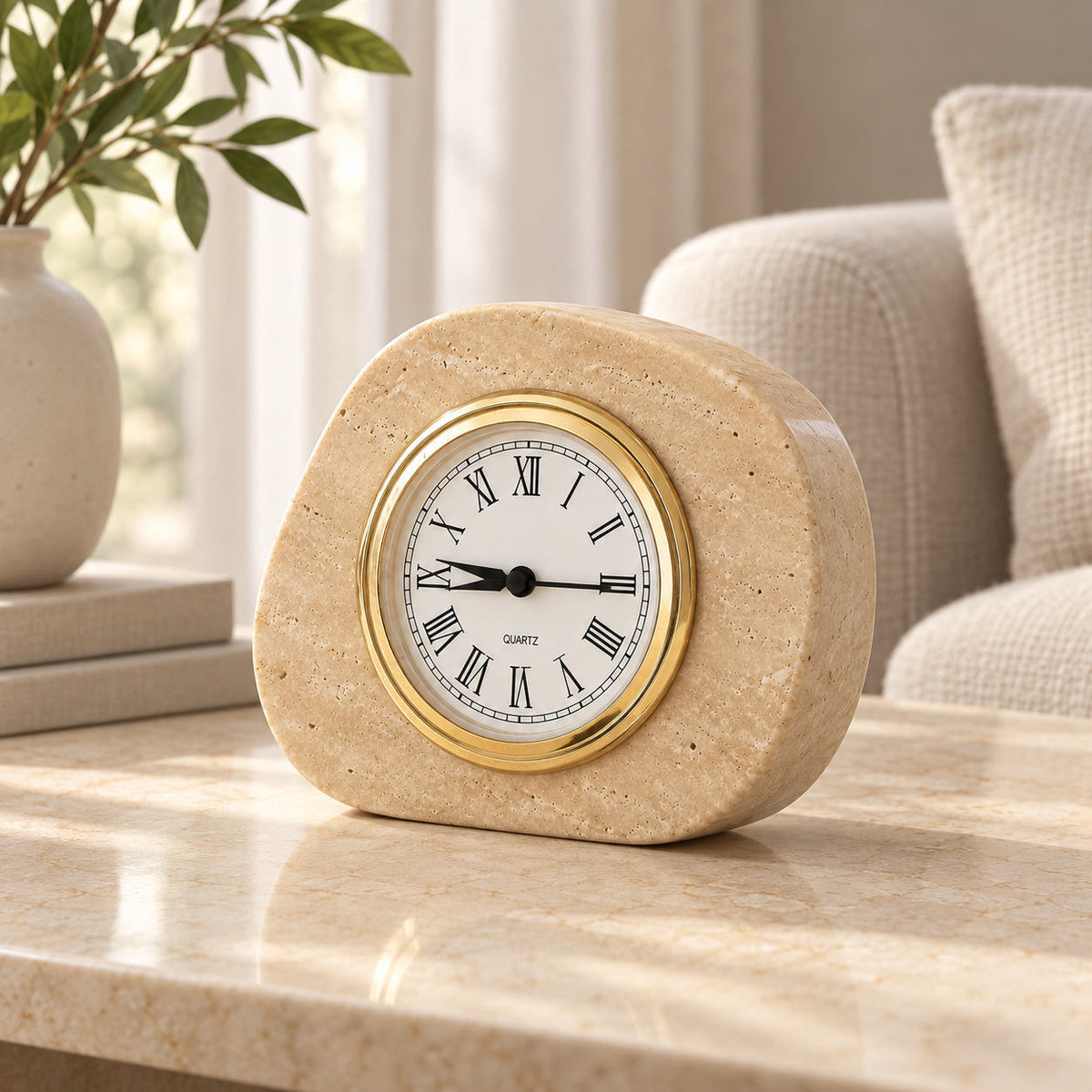 Right-side angled view of the beige travertine ZenPebble tabletop clock with a gold-tone Roman numeral dial in a warm neutral interior