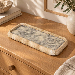 ZenFur beige travertine tray with horse-fur lining, elevated right three-quarter view