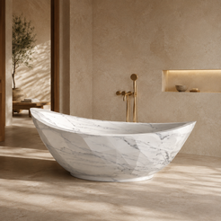 Arcelia Carrara White marble bathtub — warm limestone bathroom hero lifestyle