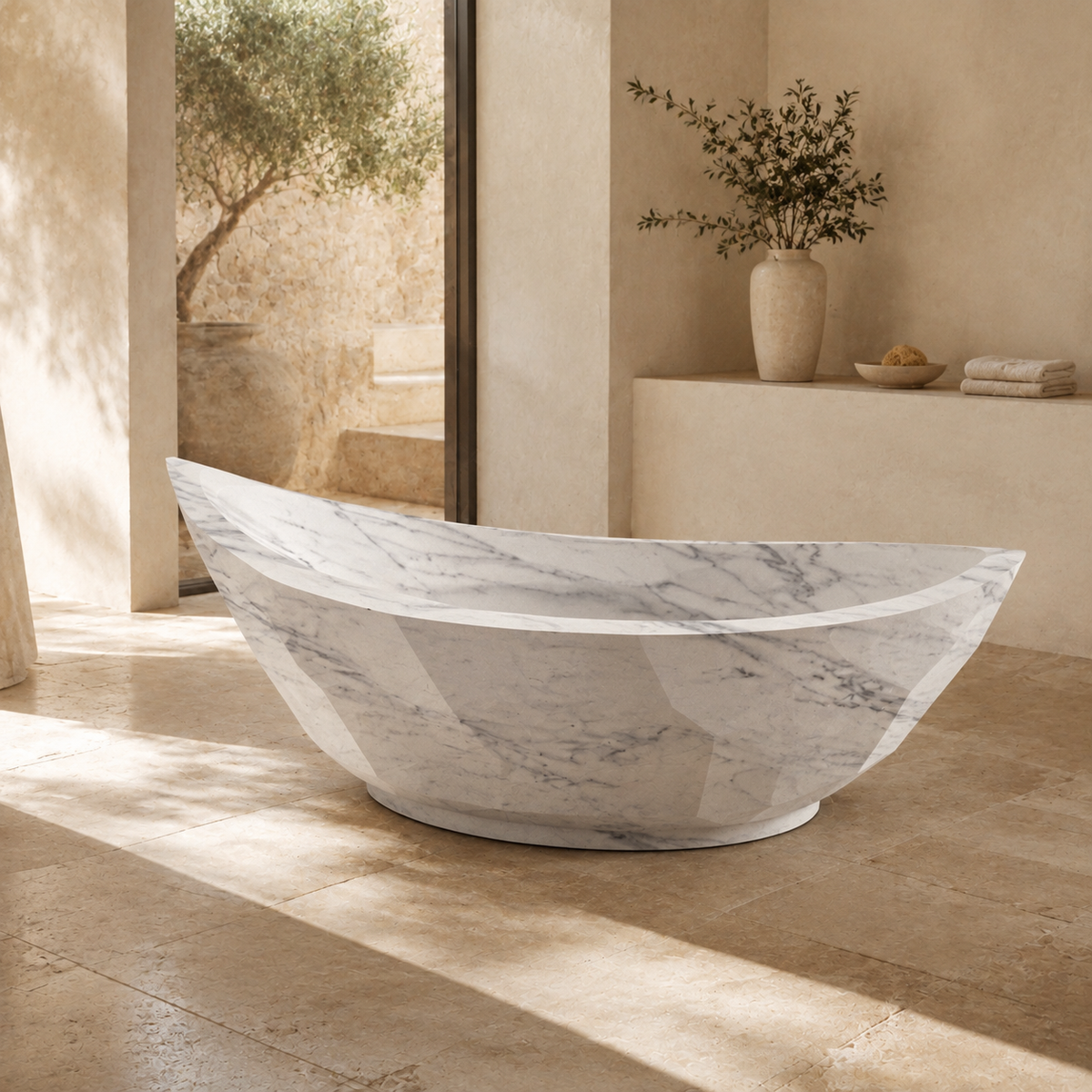 Arcelia Sculptural Boat-Shaped Freestanding Soaking Bathtub – Carrara White Marble — complementary lifestyle in a warm stone spa bathroom