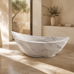 Arcelia Sculptural Boat-Shaped Freestanding Soaking Bathtub – Carrara White Marble — complementary lifestyle in a warm stone spa bathroom