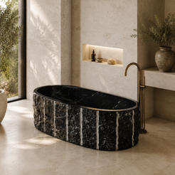 Cavelle Ribbed Freestanding Soaking Bathtub – Portoro Black Marble — complementary lifestyle in a warm stone spa bathroom