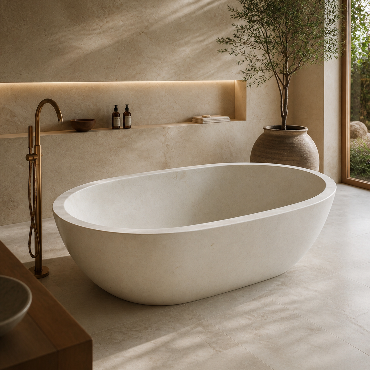 Elara Oval Freestanding Soaking Bathtub – White Limestone — hero lifestyle in a warm architectural bathroom