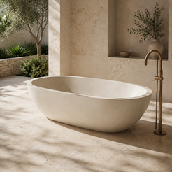 Elara Oval Freestanding Soaking Bathtub – White Limestone — complementary lifestyle in a warm stone spa bathroom