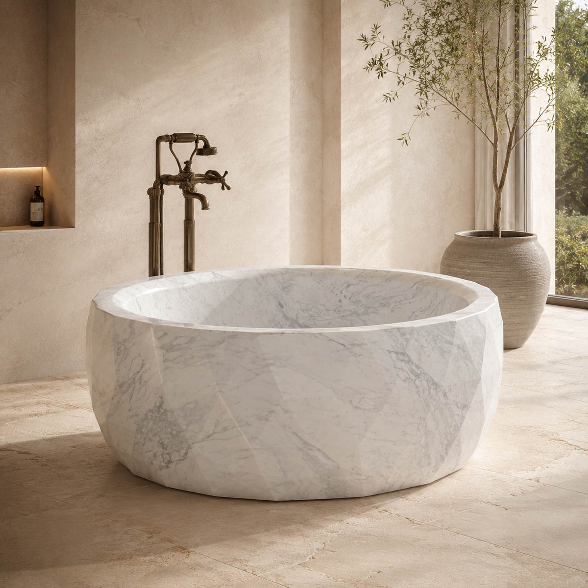 Lunessa Faceted Round Freestanding Soaking Bathtub – Carrara White Marble — hero lifestyle in a warm architectural bathroom