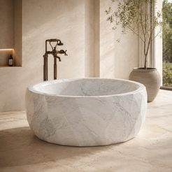 Lunessa Faceted Round Freestanding Soaking Bathtub – Carrara White Marble — hero lifestyle in a warm architectural bathroom