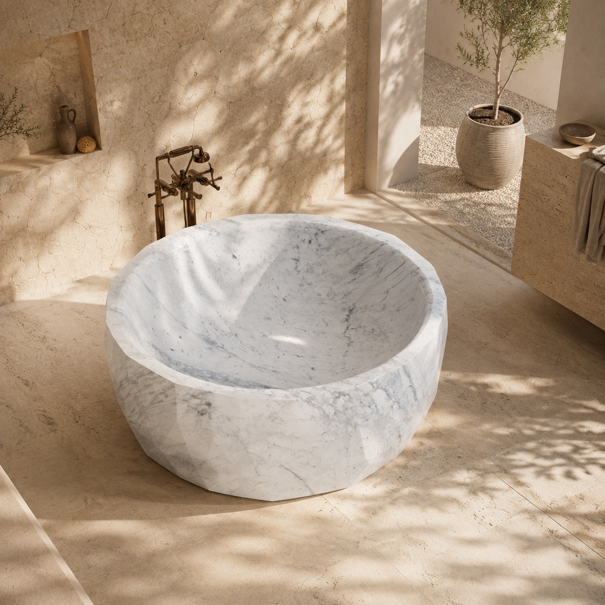 Lunessa Faceted Round Freestanding Soaking Bathtub – Carrara White Marble — complementary lifestyle in a warm stone spa bathroom