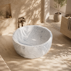 Lunessa Faceted Round Freestanding Soaking Bathtub – Carrara White Marble — complementary lifestyle in a warm stone spa bathroom