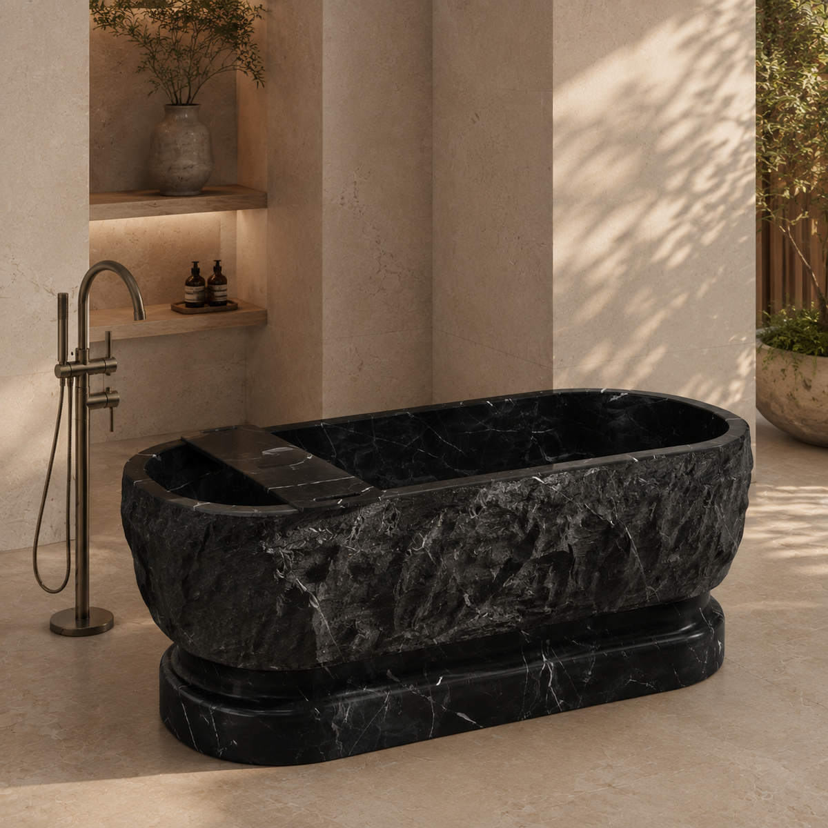 Orvane Sculptural Freestanding Soaking Bathtub – Portoro Black Marble — hero lifestyle in a warm architectural bathroom