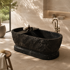 Orvane Sculptural Freestanding Soaking Bathtub – Portoro Black Marble — complementary lifestyle in a warm stone spa bathroom