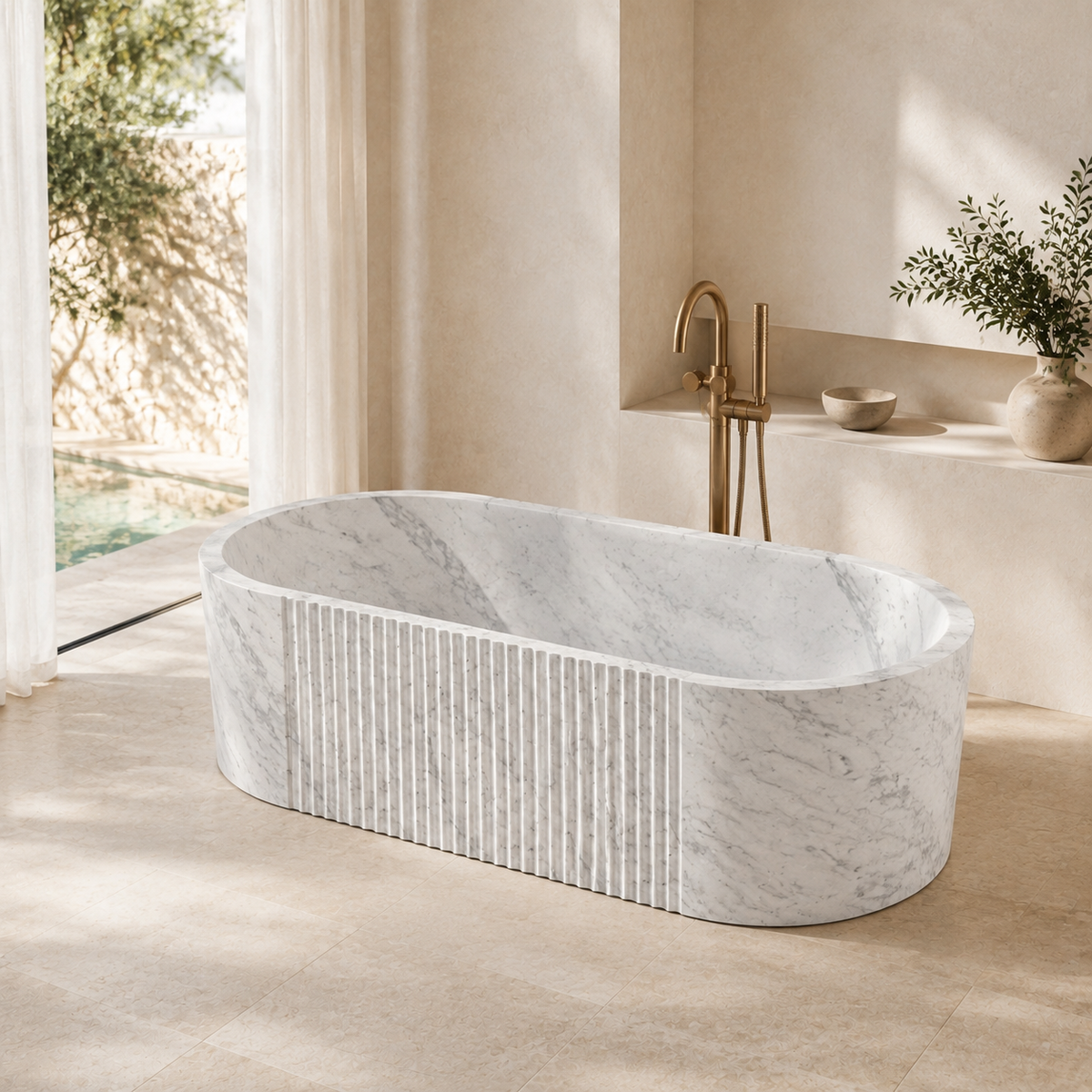 Rivara Fluted Rounded-Rectangle Freestanding Soaking Bathtub – Carrara White Marble — complementary lifestyle in a warm stone spa bathroom
