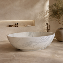 Selvara Organic Oval Freestanding Soaking Bathtub – Italian Firenze Marble — hero lifestyle in a warm architectural bathroom