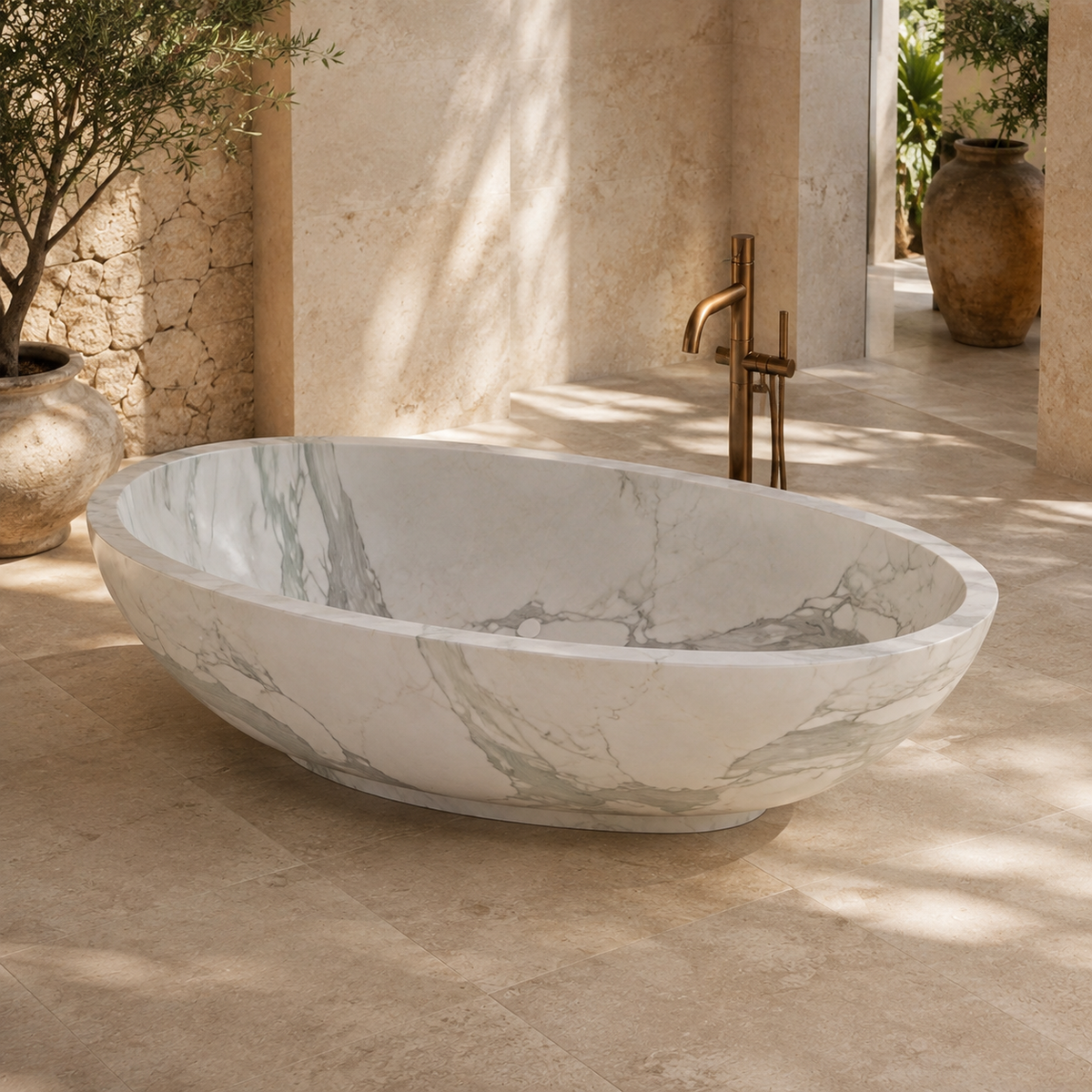 Selvara Organic Oval Freestanding Soaking Bathtub – Italian Firenze Marble — complementary lifestyle in a warm stone spa bathroom