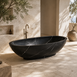 Selvara Organic Oval Freestanding Soaking Bathtub – Portoro Black Marble — complementary lifestyle in a warm stone spa bathroom