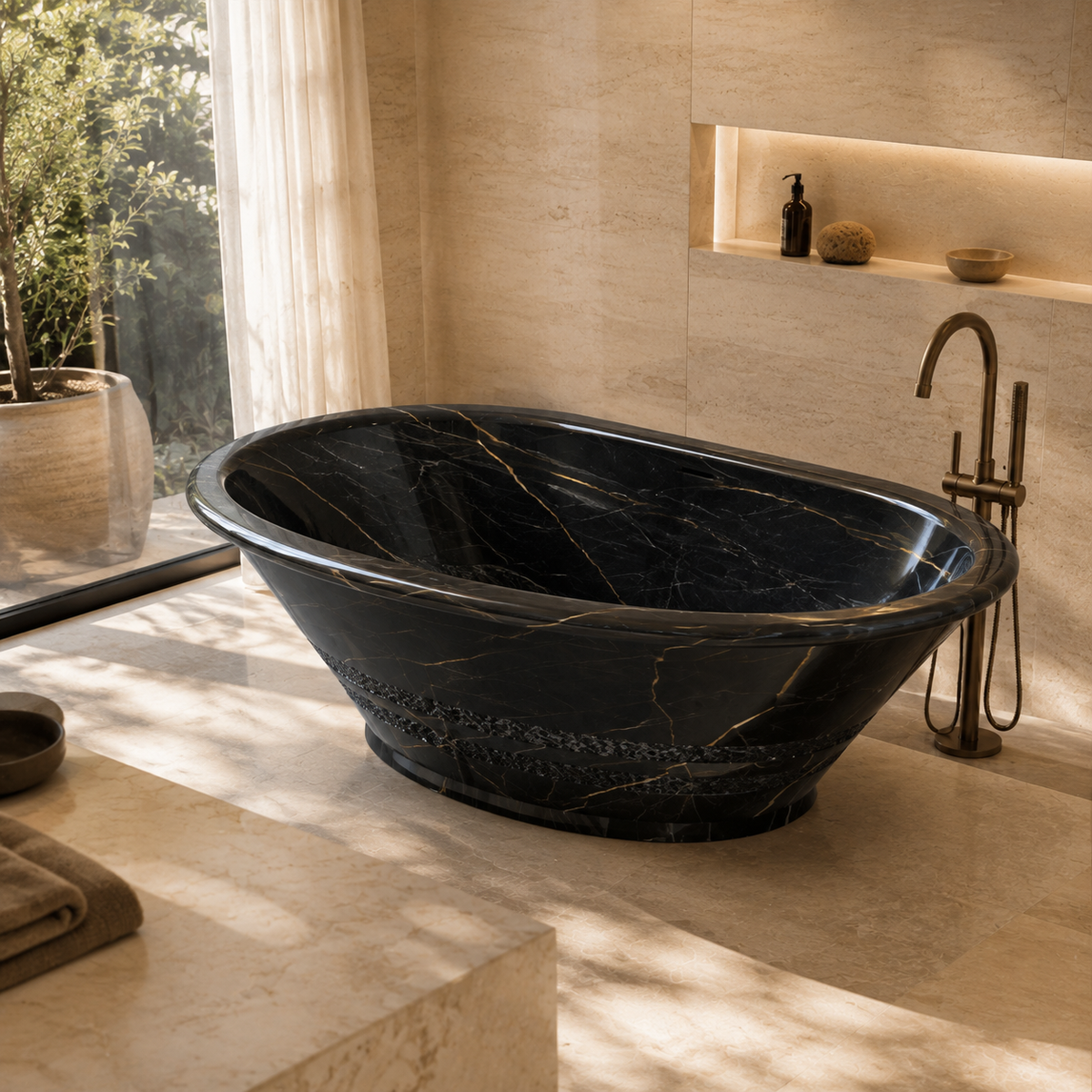Torenne Flared Oval Freestanding Soaking Bathtub – Portoro Black Marble — complementary lifestyle in a warm stone spa bathroom