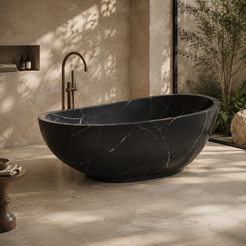 Velisse Deep Oval Freestanding Soaking Bathtub – Portoro Black Marble — hero lifestyle in a warm architectural bathroom
