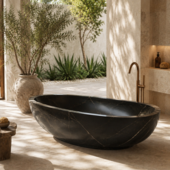Velisse Deep Oval Freestanding Soaking Bathtub – Portoro Black Marble — complementary lifestyle in a warm stone spa bathroom
