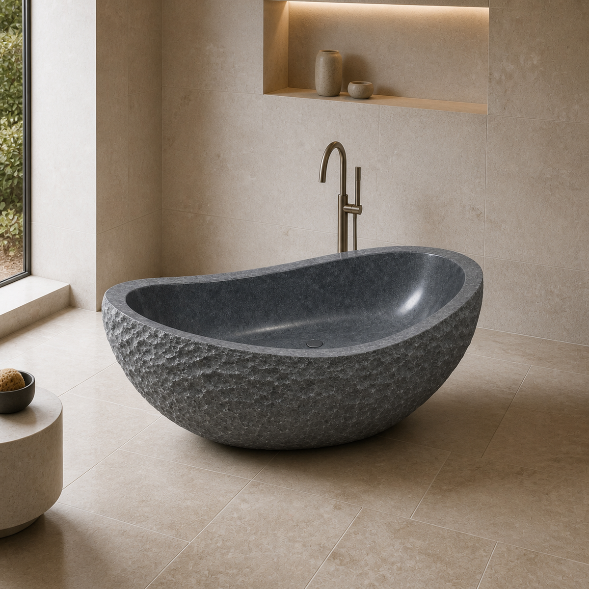 Veyra Freestanding Sculptural Charcoal Mist Granite Soaking Bathtub — complementary lifestyle in a warm stone spa bathroom