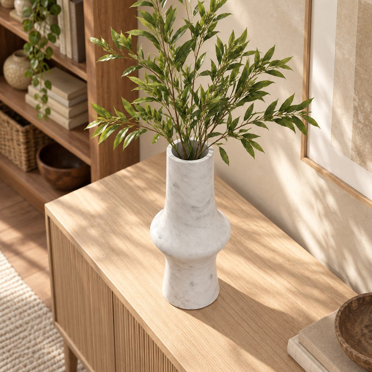 RoundHaven Carrara marble decorative vase, high right oblique view showing its open neck