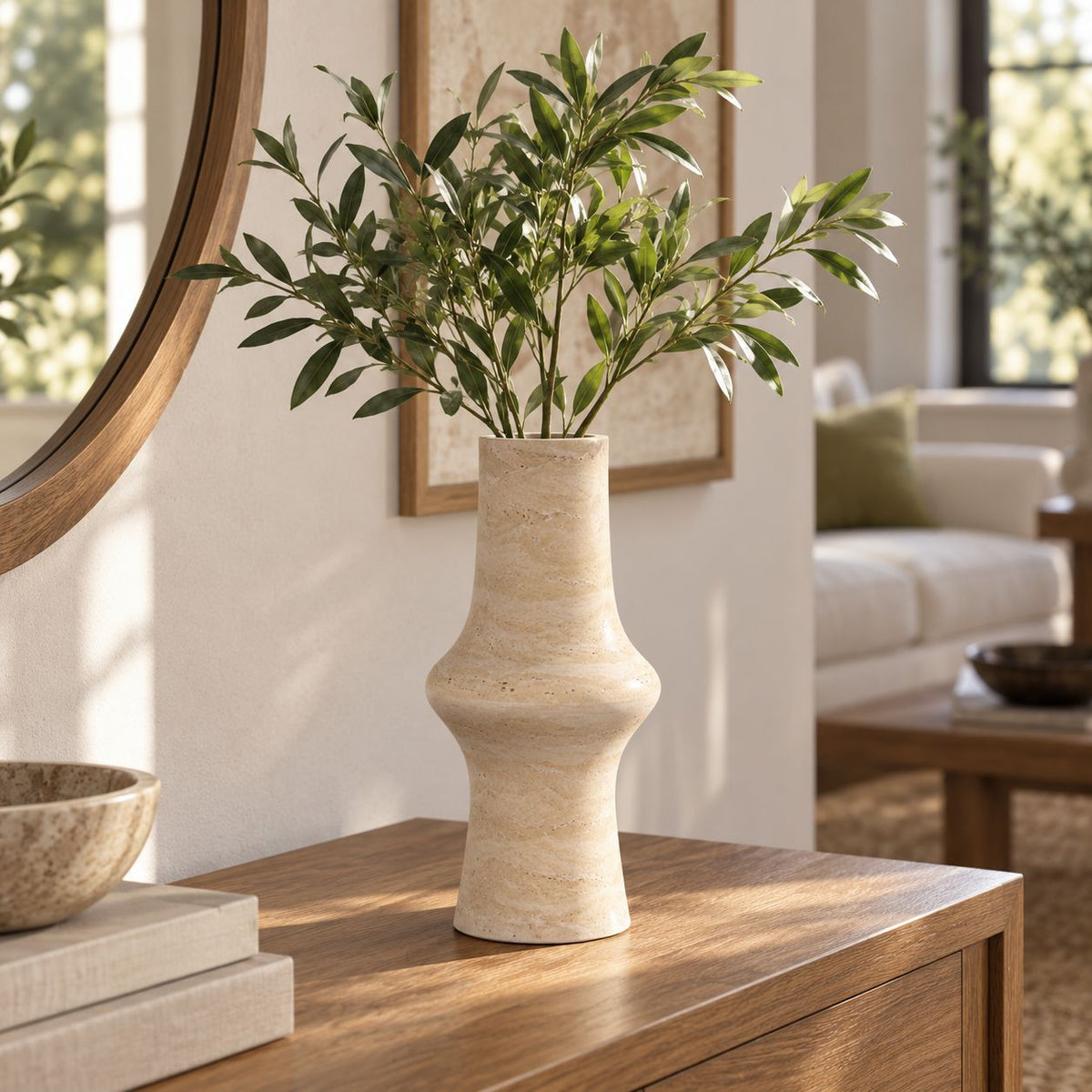 RoundHaven Decorative Vases, Italian Classico Travertine, single configuration in a warm naturally lit oak interior
