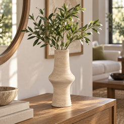 RoundHaven Decorative Vases, Italian Classico Travertine, single configuration in a warm naturally lit oak interior