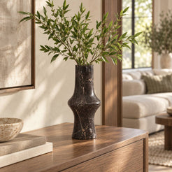 RoundHaven Decorative Vases, Spanish Emperador Marble, single configuration in a warm naturally lit oak interior