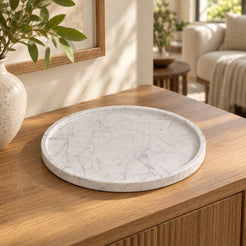 RoundHaven Decorative Tray, Italian Carrara Marble, single configuration in a warm naturally lit oak interior