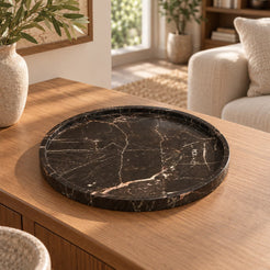 RoundHaven Decorative Tray, Spanish Emperador Marble, single configuration in a warm naturally lit oak interior